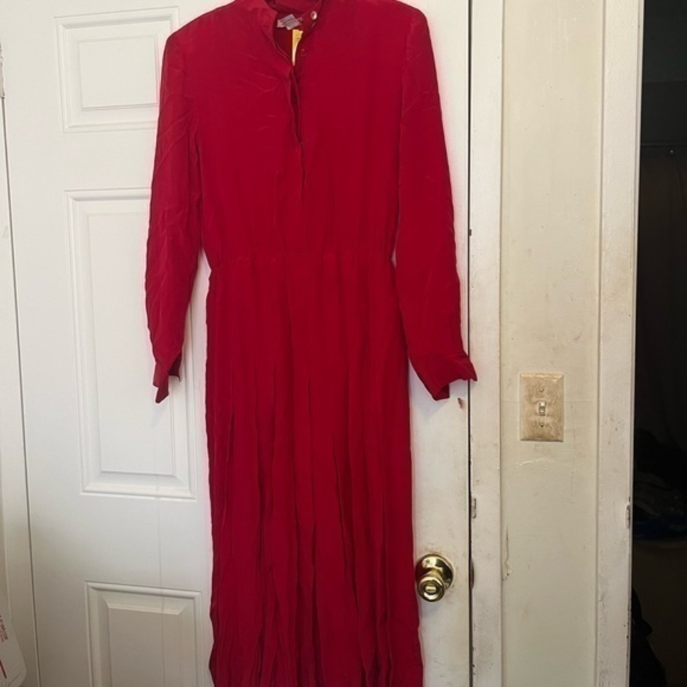 Talbots red 100% silk long sleeve button up pleated dress.